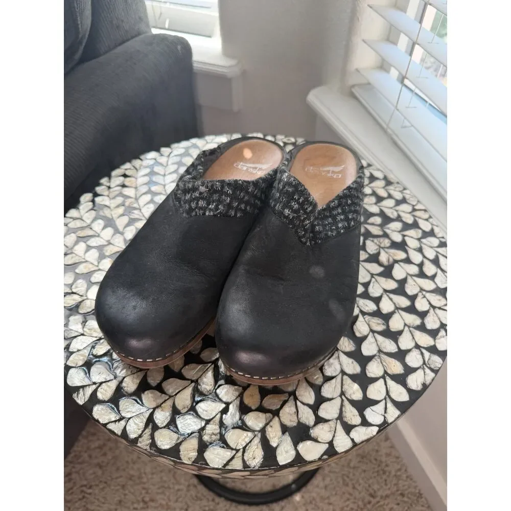 Dansko BEV Burnished Black Nubuck Leather Clog Slip On Mules Sz 39